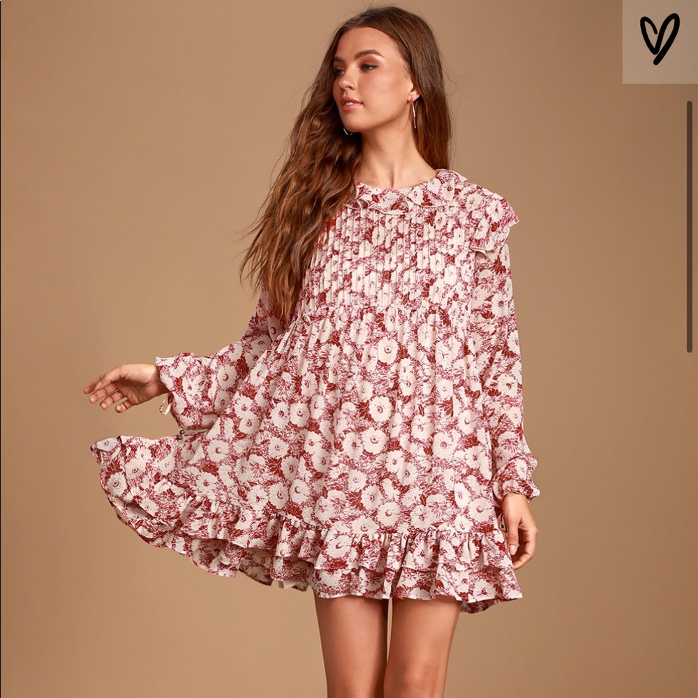 Free People Red Floral Pleated Long Sleeve Dress